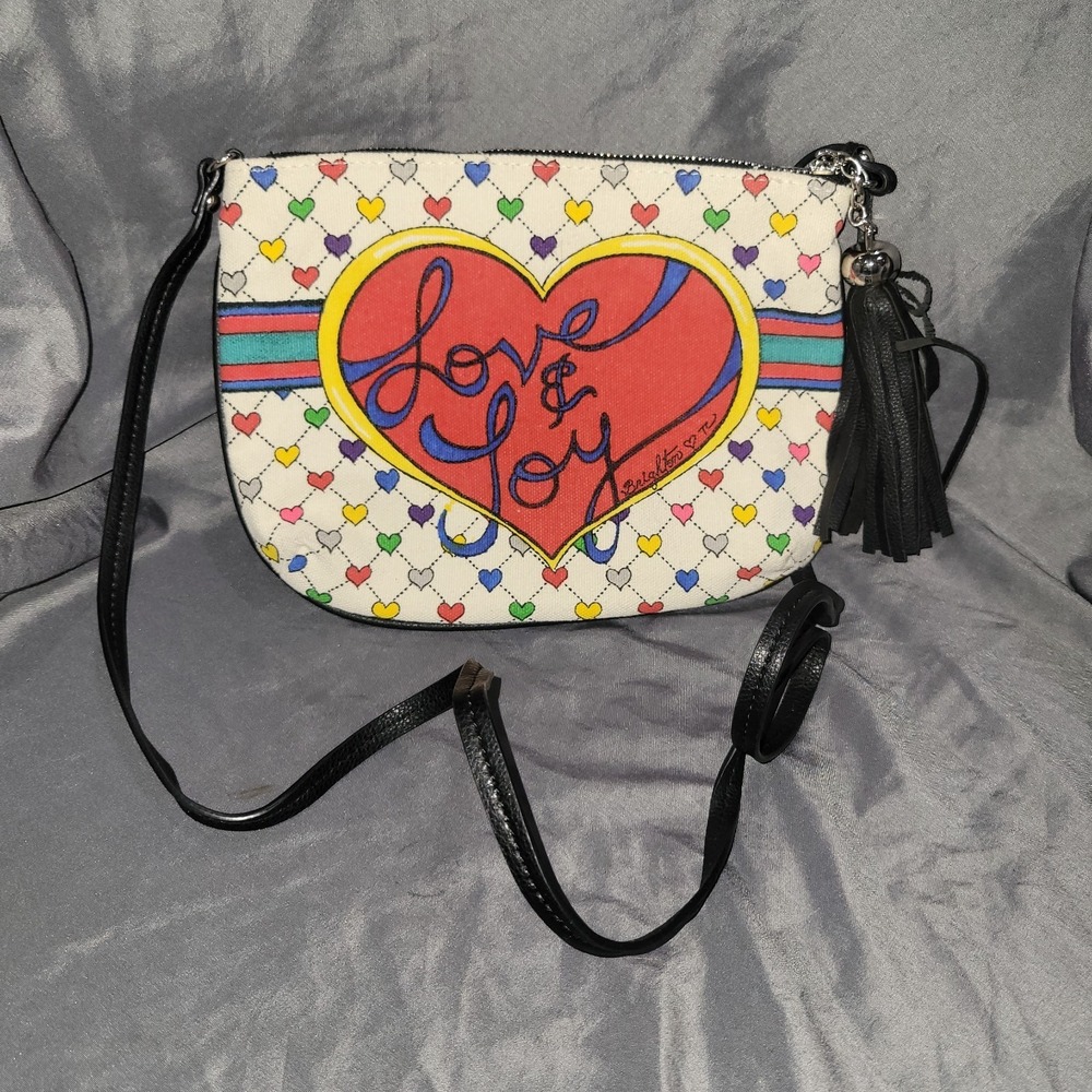 Brighton Crossbody Handbag Love & Joy Pouch Heart Tassels Graphic
